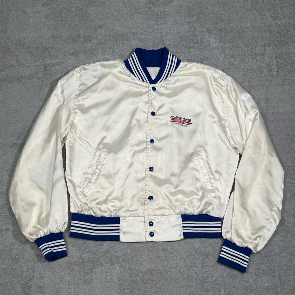 VTG 90s Walmart Photo Express Satin Varsity Jacket USA White Blue L Retro Merch